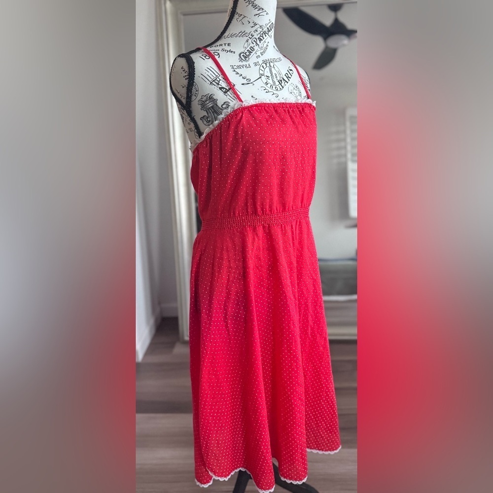Vintage 70s Red Polka Dot Cottage Core Prairie Boho Strappy Sun Dress